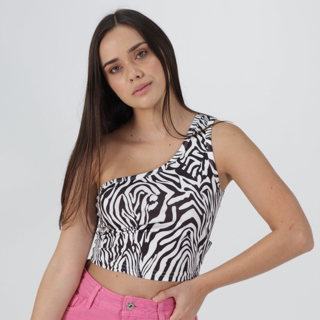 Crop top un hombro cebra